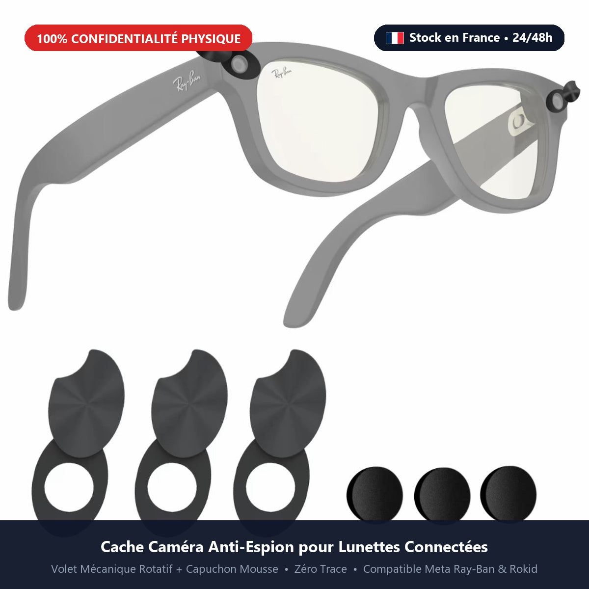 Camera Privacy Cover for Meta Ray-Ban, Rokid & Smart Glasses — Mechanical Swivel Shutter + Soft Lens Shield (Dual Pack)